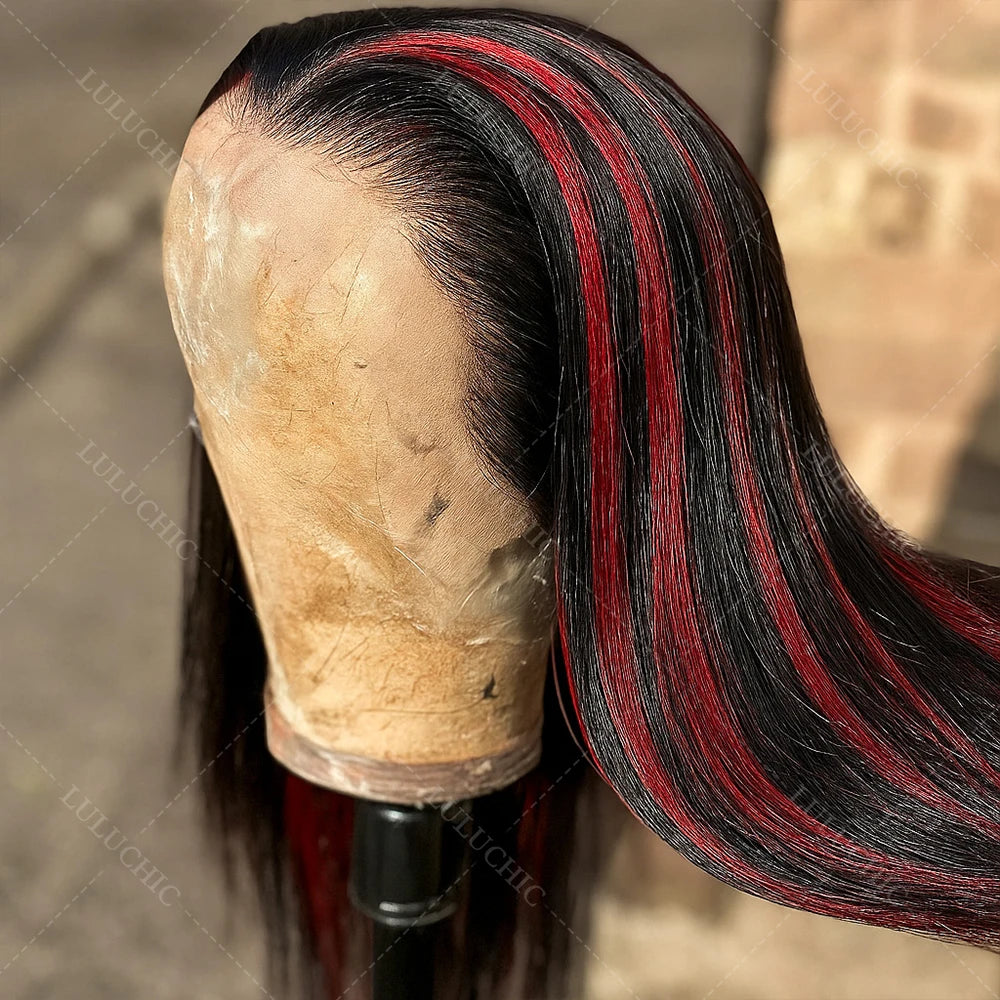 Black With Red Blonde Highlight Bone Straight Wig 5x5 Glueless Wig Human Hair Ombre Burgundy Colored Preplucked Wig Wear and Go