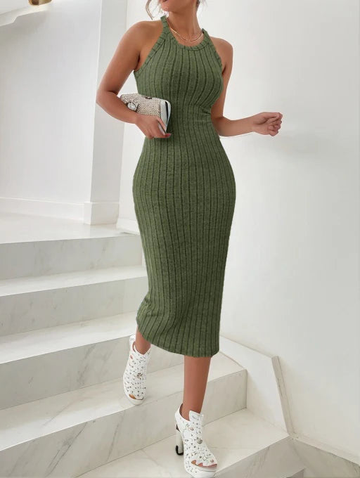 Solid Halter Neck Bodycon Midi Dress High-end temperament vest halter dress women's summer new high-waist slim temperament slim
