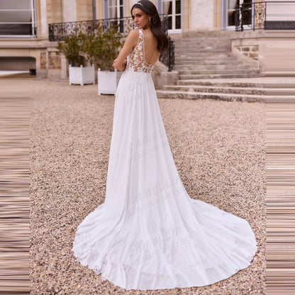 Elegant Lace Wedding Dresses Women's A Line Sleeveless Chiffon V Neck Backless Bridal Gowns Vestidos De Novia Customized Party