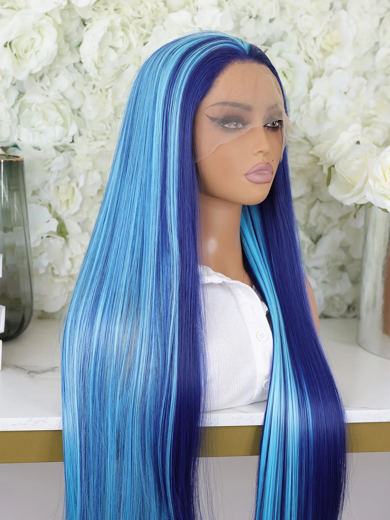 Highlight Blue Ombre Color 13X4 HD Lace Frontal Synthetic Wigs Women Cosplay Straight Prepluck Bleach Knots Baby Hair Glueless