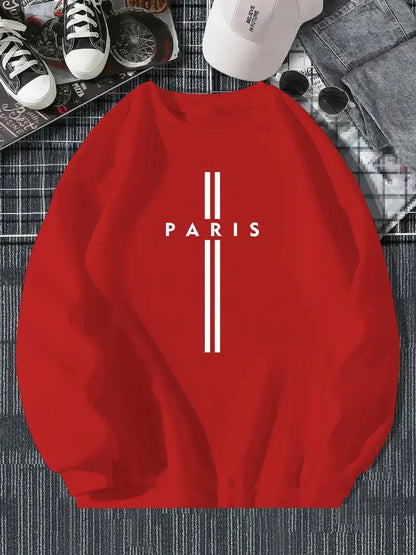 Men's autumn and winter fashionable casual loose Paris letter print fleece pullover long sleeved round neck sweatshirt