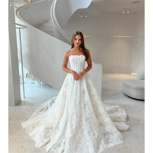 Kyoto Customized Ivory Lace Appliques Sleeveless Wedding Dress A-line Button Back vestidos de novia Chapel Train Evening Dresses