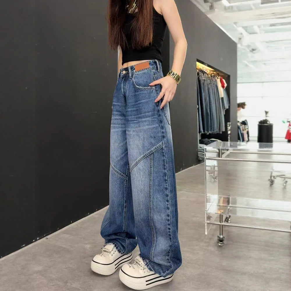 2025/2026 Grunge Y2K Streetwear Washed Blue Baggy Pleated Jeans Pants For Women Clothing Distressed Wide Leg Loose Old Lady Trousers