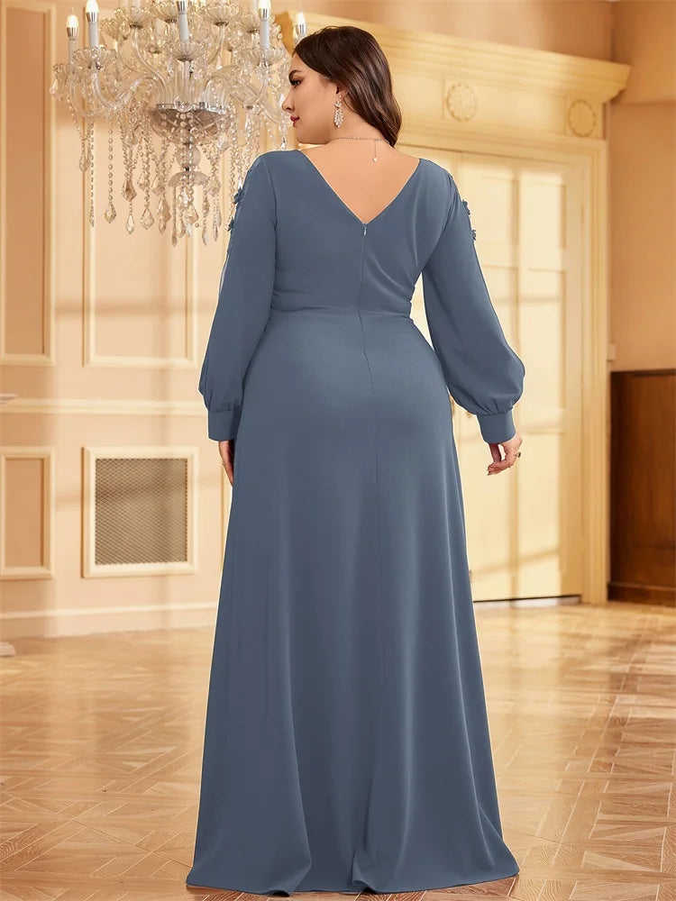 XUIBOL Plus Size Elegant Blue Applique Evening Dress 2026 Women Formal Maxi Prom Long Sleeves Party Dress Luxury Cocktail Prom