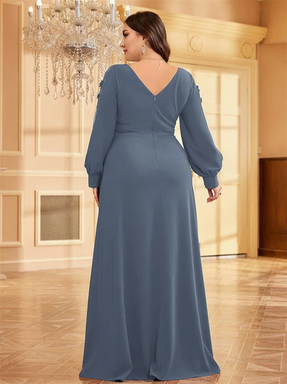 XUIBOL Plus Size Elegant Blue Applique Evening Dress 2026 Women Formal Maxi Prom Long Sleeves Party Dress Luxury Cocktail Prom