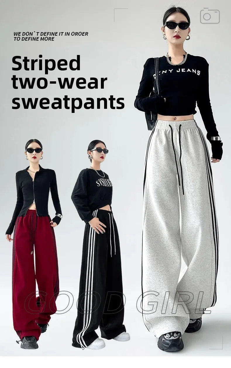 Black Striped Sports Pants Women's Spring Autumn Wide Leg Casual Loose High Waist Straight Leg Sweatpants