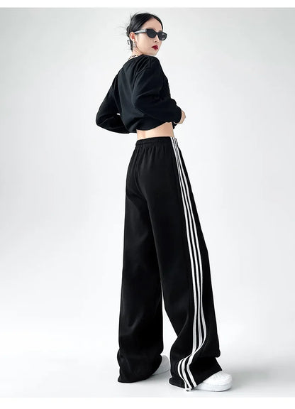 Black Striped Sports Pants Women's Spring Autumn Wide Leg Casual Loose High Waist Straight Leg Sweatpants