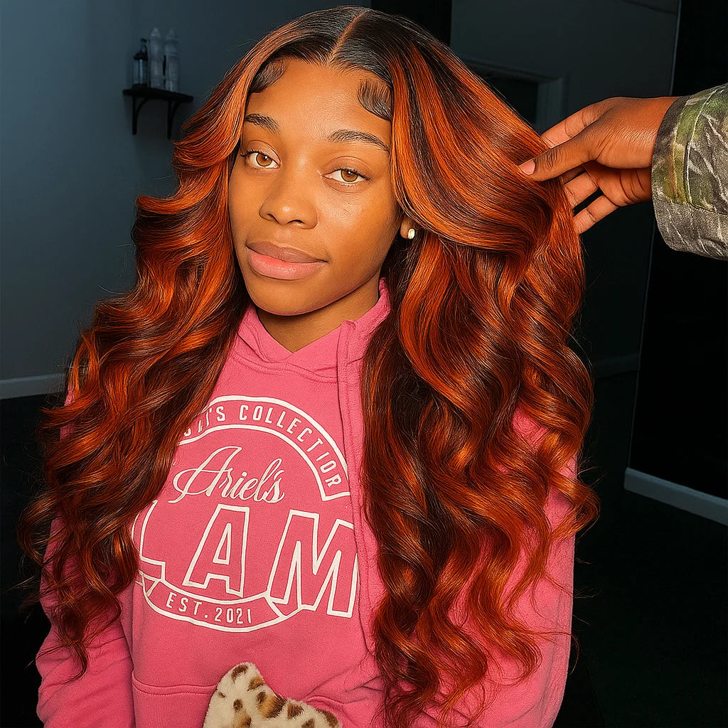 No Silk Highlight Ombre Lace Front Wig Human Hair 200% Density #4/350 Brown With Ginger Body Wave Lace Front Wigs Human Hair