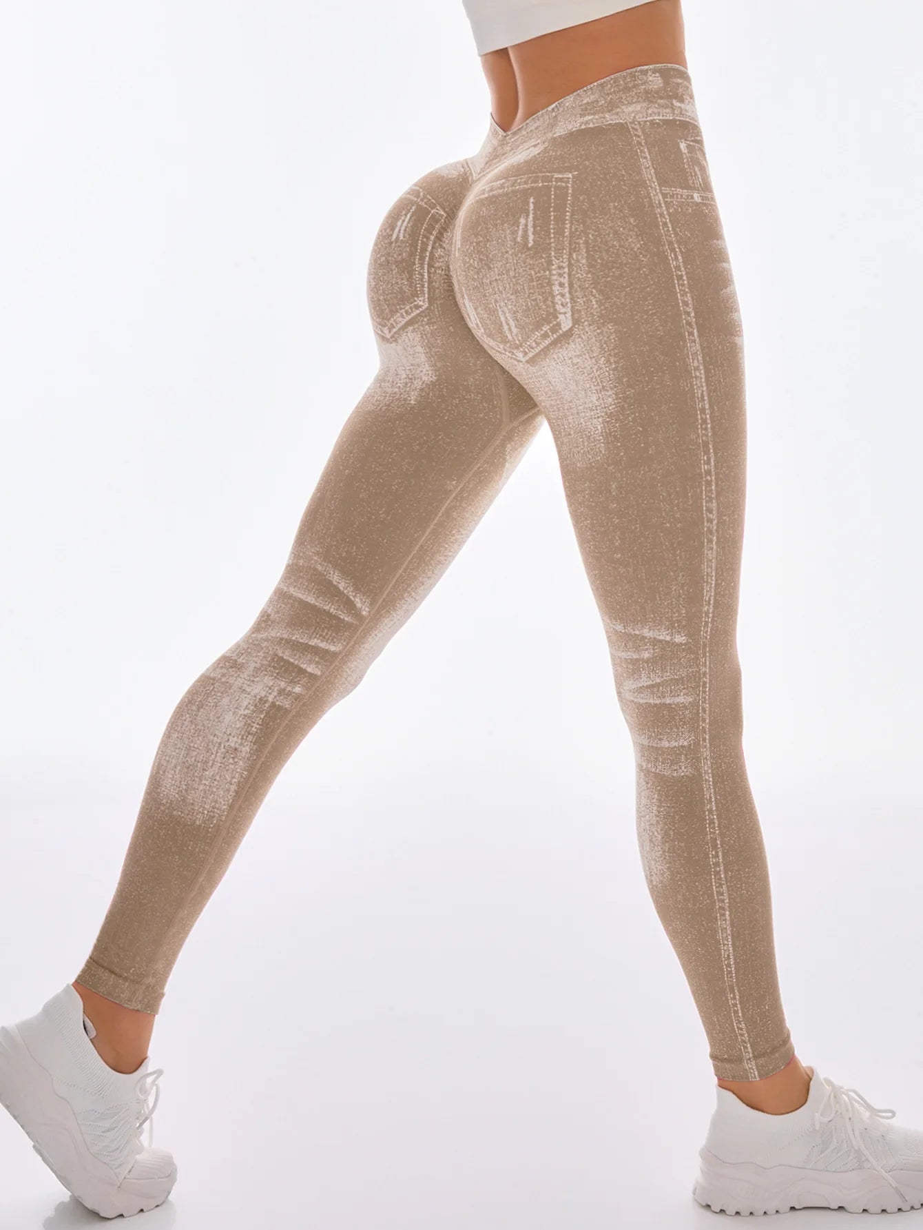 Women V Back Gym Leggings Faux Denim Jeans  Athletic Workout Leggins Elastic Seamless Training Yoga Pants Sports Fitness Tights