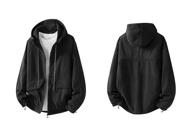 Autumn Velvet Hooded Jacket Men Outdoor Sport Techwear Loose Casual Plus Size Hoodie Cargo Jacket Outerwear Coat