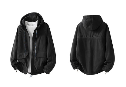 Autumn Velvet Hooded Jacket Men Outdoor Sport Techwear Loose Casual Plus Size Hoodie Cargo Jacket Outerwear Coat