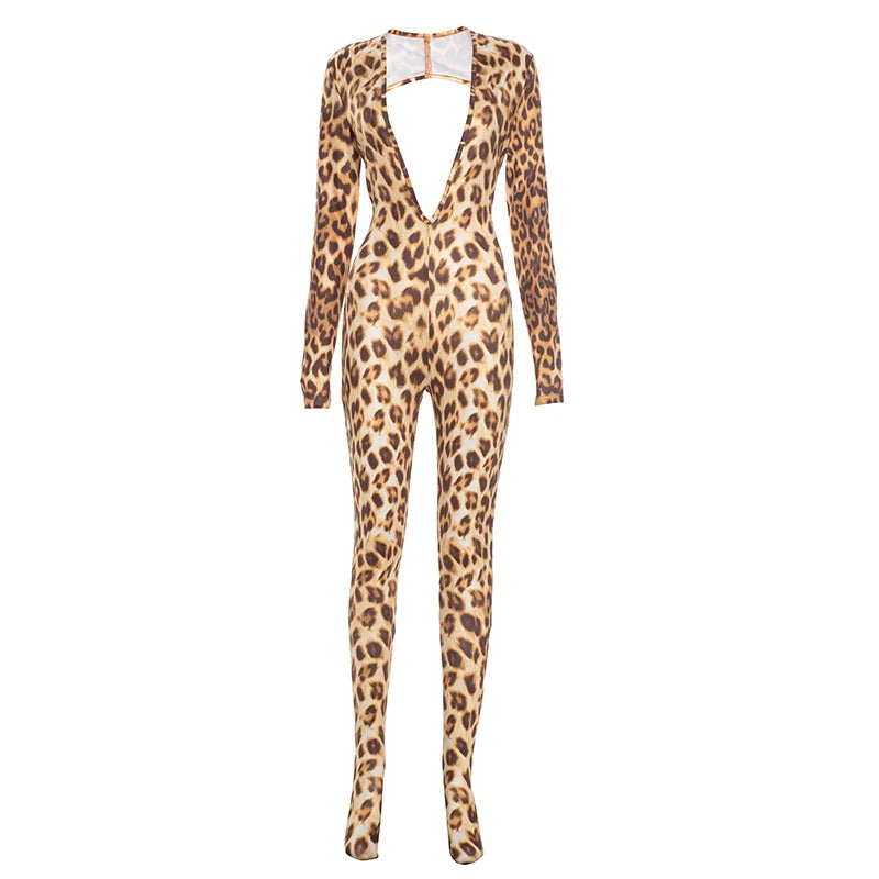 CUTENOVA Women'S Fall/Winter New Leopard Print Deep V-Neck Back Hollow Out  Bodycon Jumpsuit Sexy Fashion Streetwear Jumpsuit