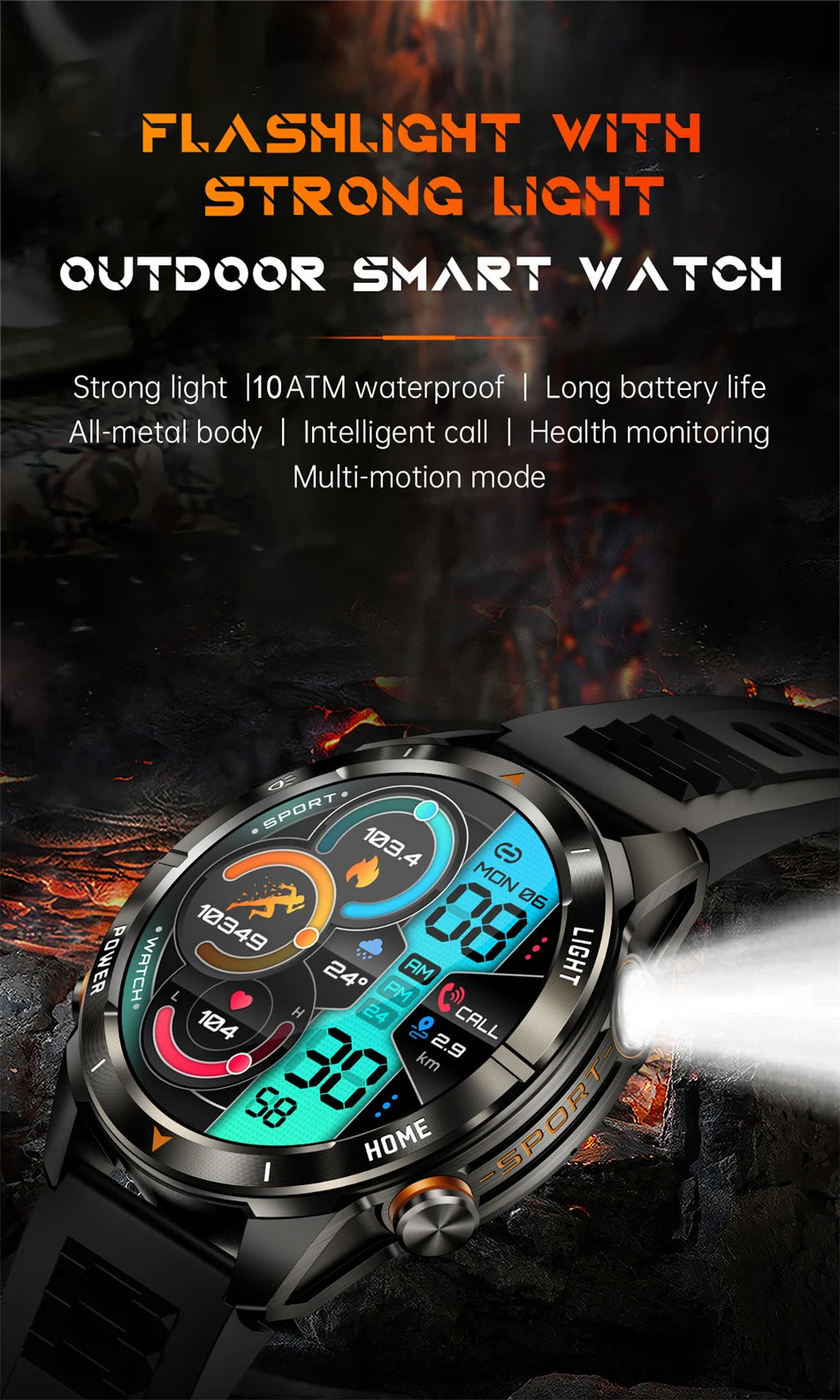 New Outdoor Sport Smart Watch Men 1.46" AMOLED Screen LED Flashlight 515mAh Battery 10ATM Waterproof Bluetooth Call Smartwatch