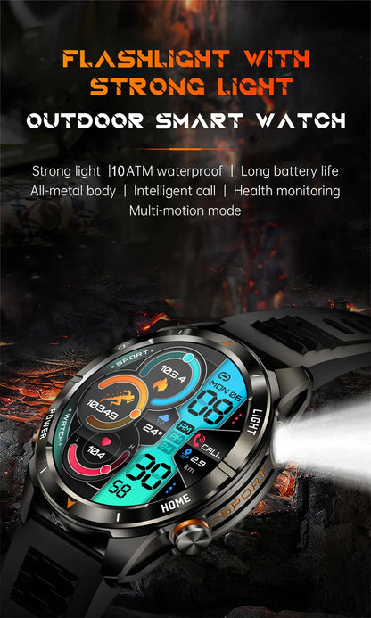 New Outdoor Sport Smart Watch Men 1.46" AMOLED Screen LED Flashlight 515mAh Battery 10ATM Waterproof Bluetooth Call Smartwatch