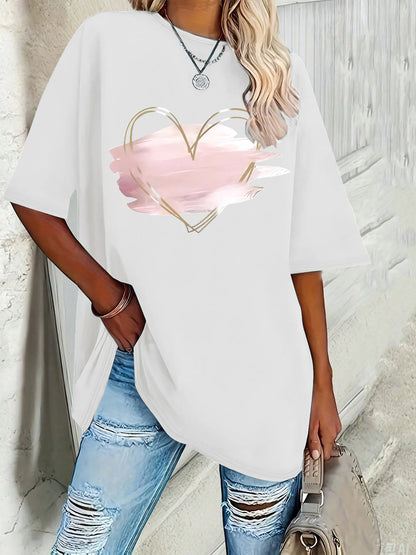 Plus size women's new pink heart-shaped elegant printed T-shirt   spring and summer leisure round neck short sleeve top