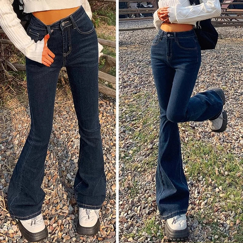 Woman Elastic High Waist Bell Bottom Jeans Female High Street Designer Flare Pants Lady Fashion Blue Black Gothic Denim Trousers