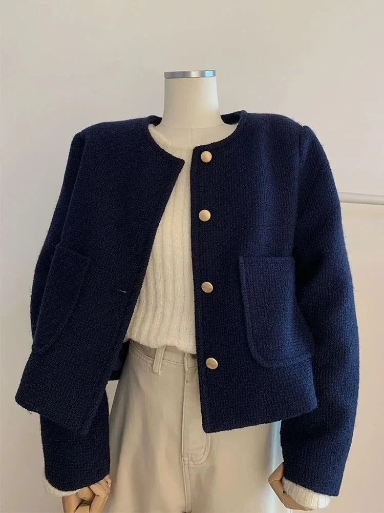Vintage Style Purplish Blue Tweed Jacket Round Neck French Elegance Commuting Spring Autumn Trendy Fashion Outerwear