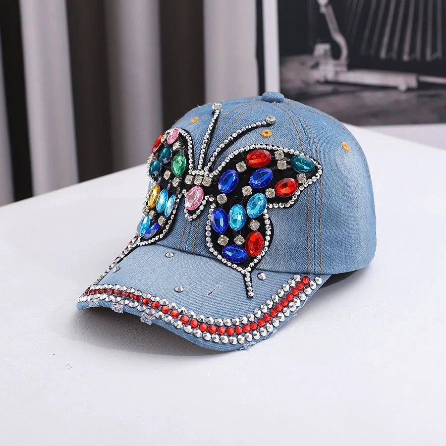 Fashionable And Versatile Outdoor Casual Baseball Cap With Colorful Diamond Inlay, Trendy Butterfly, Middle-Aged Duckbill Cap