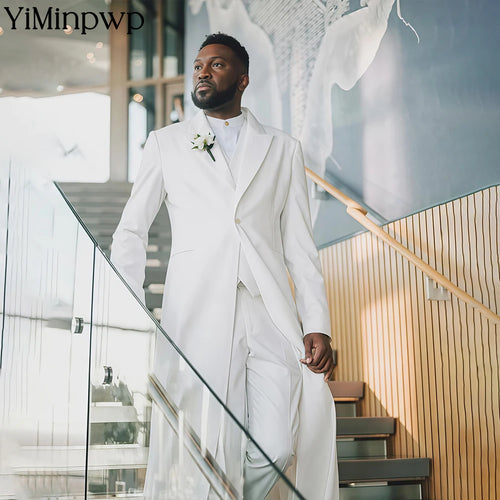 White Classic Wedding Groom Men Suits 3 Piece Long Blazer Vest Pants Satin One Button Tuxedo Formal Work Wear Prom XS-5XL