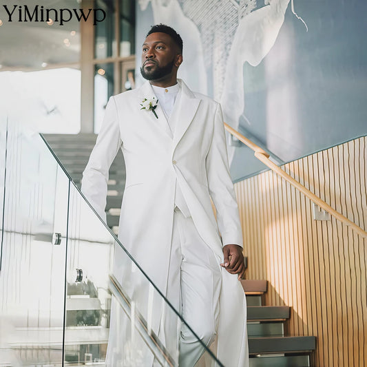 White Classic Wedding Groom Men Suits 3 Piece Long Blazer Vest Pants Satin One Button Tuxedo Formal Work Wear Prom XS-5XL