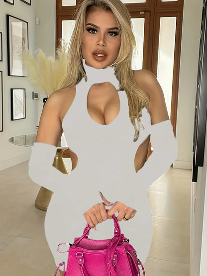 Spring Summer New European and American Solid Color Sexy Hollow Hanging Neck Tight Wrapped Hip Dress