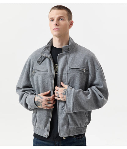 Autumn Winter Woolen Bomber Jacket Men Stand Collar Vintage Fashion Loose Casual Short Cargo Jacket Korean Streetwear Coat