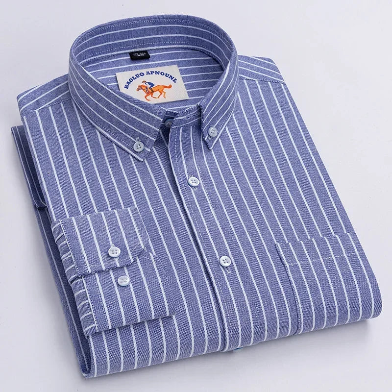 Casual Pure Cotton Oxford Mens Shirts Long Sleeve Embroidery Horse Design Regular Fit Fashion Button Man White Dress Shirt