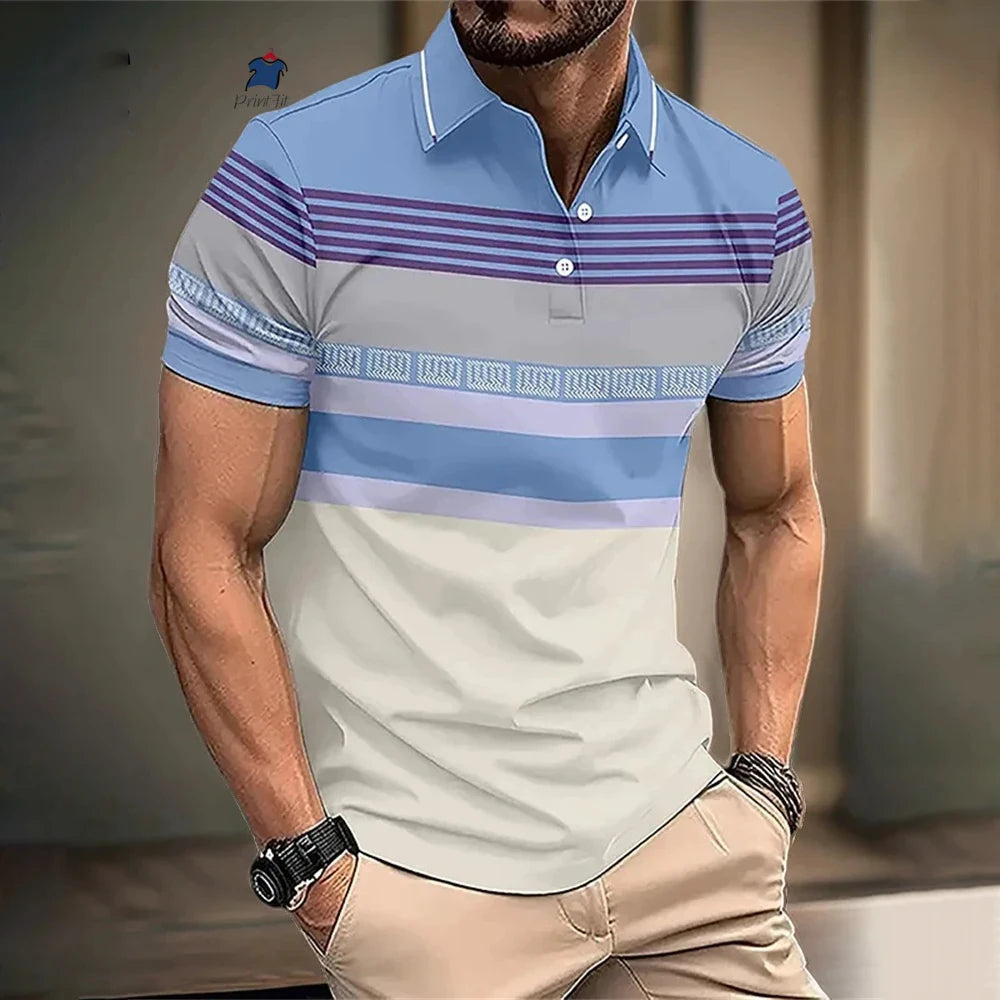 New Summer Striped Patchwork Striped Men's Polo T-shirt Fashion Lapel Button Sports Trend Street Wear Short Sleeve Top Men Shirt