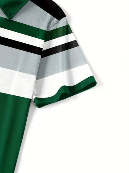 Men's Casual Stripesd Plaid 3D Printed Golf Shirt, Short-Sleeved Spring, Summer and Autumn Button Polo Shirt Polo Shirt