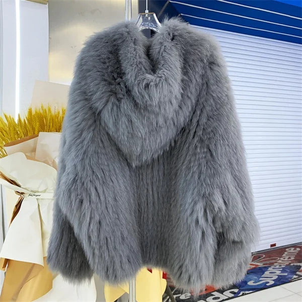 Fox Fur Coat Women's Winter Fashion Warm 100% Fox Fur Coat Hooded Long Sleeved Sweet Women's Luxury Designer Coat