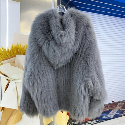 Fox Fur Coat Women's Winter Fashion Warm 100% Fox Fur Coat Hooded Long Sleeved Sweet Women's Luxury Designer Coat