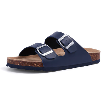 Comwarm Fashion Men Leather Sandals Summer Cork Footbed Slide Sandals Beach Sandals Unisex Brand Sandals with Adjustable Buckle