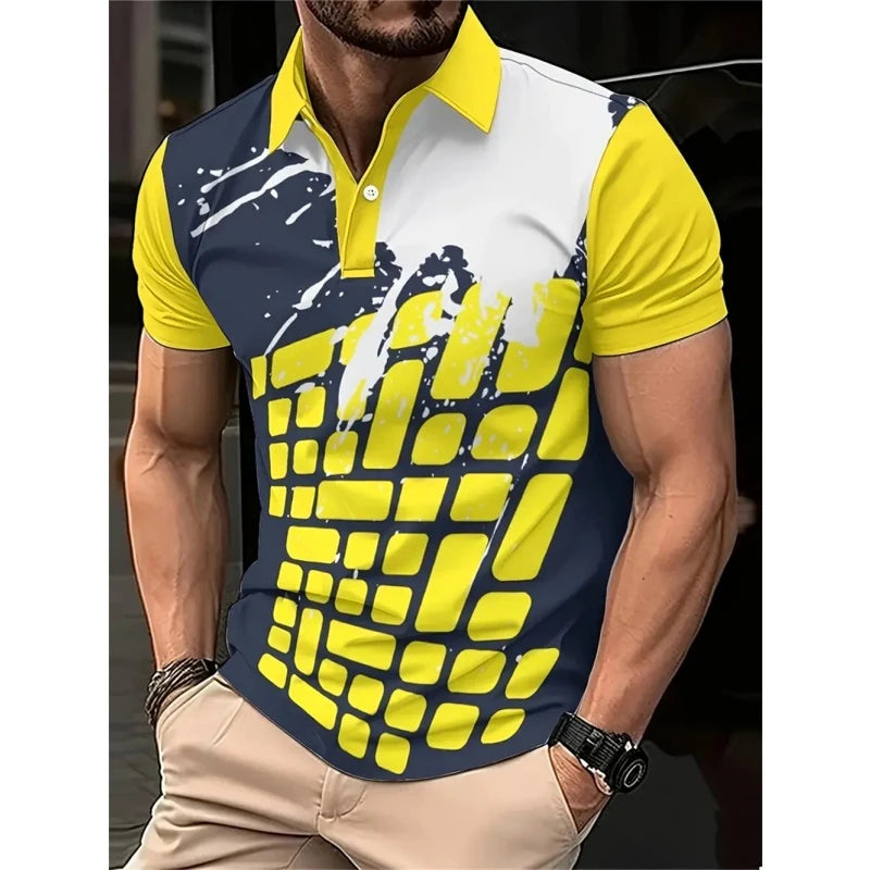 New 3D Printed Colorful Striped Man Polo Shirts Geometric Color Block Pattern Men's Clothes Shirt Casual Lapel Short Sleeve Tops