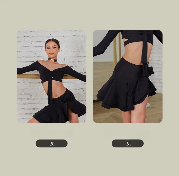 Latin Dance set Clothes Girls Long SLeeves Short Top Skirt Cha cha samba Performance Competition Dress Burgundy Black Dress Kids