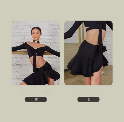 Latin Dance set Clothes Girls Long SLeeves Short Top Skirt Cha cha samba Performance Competition Dress Burgundy Black Dress Kids