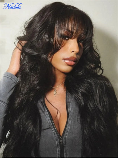 Nadula Hair 3D Body Wave Bangs Drawstring Glueless Human Hair Wig 7x5 Bye Bye Knots Glueless Wig Human Hair Ready to Wear 180%