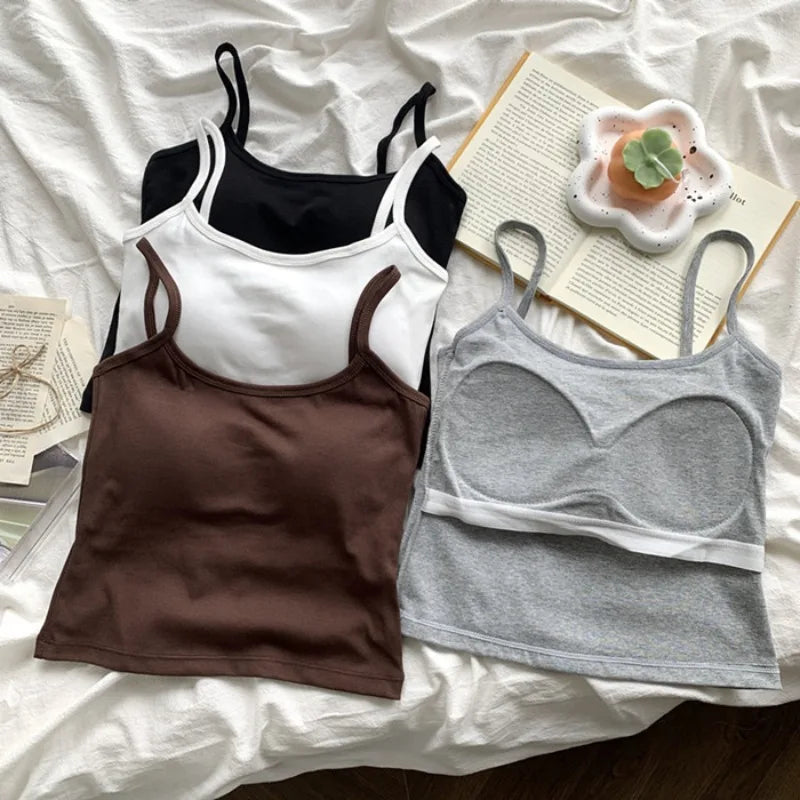 Women's Solid Color Spaghetti Straps Sleeveless Slim Camisole with Chest Pad Cotton Summer Wear Outside Female Short Tops Vests