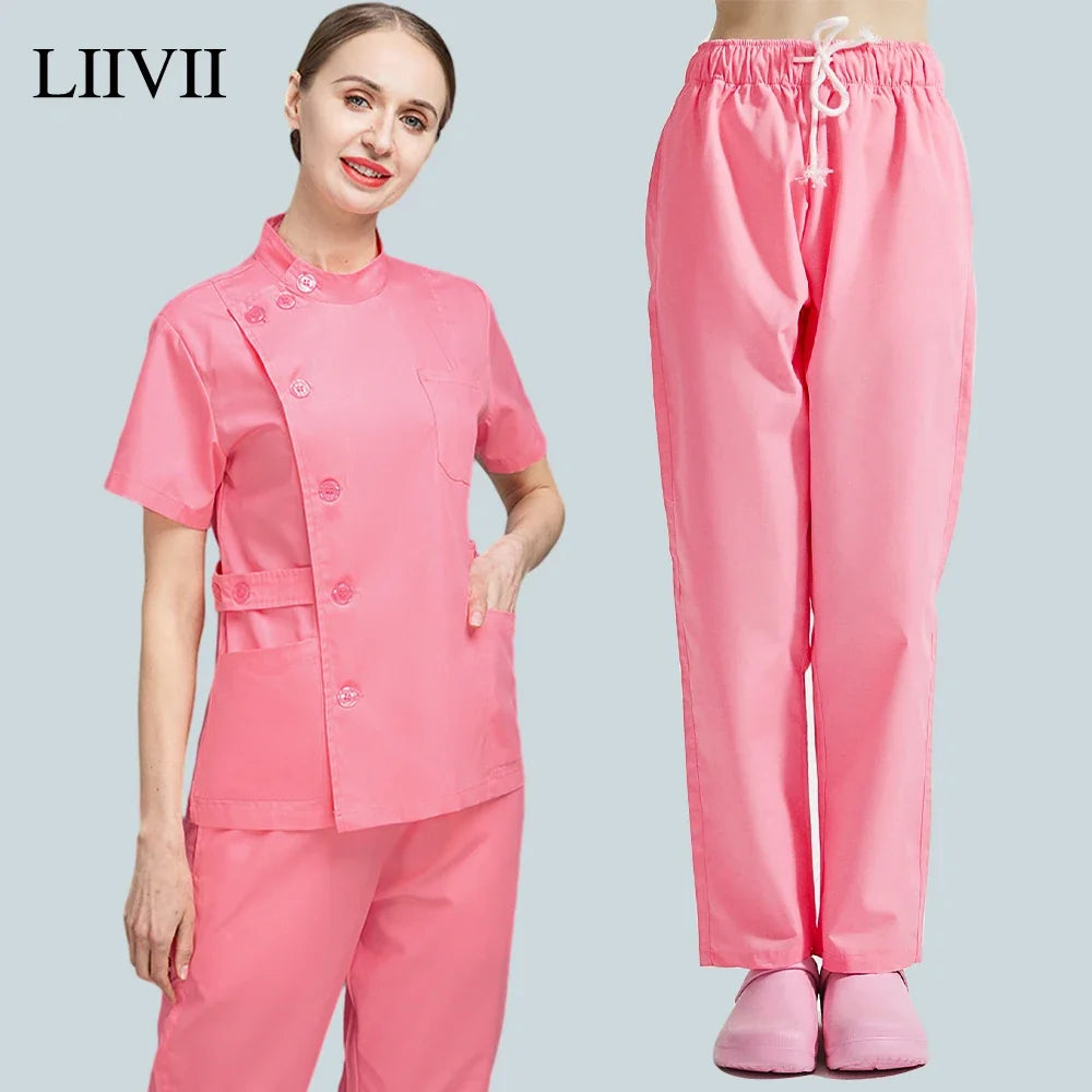 Button Closure and waist retraction Scrub Set Medical Uniforms Nurse Clothes Women Round Neck Surgical Workwear Pair Dental Suit