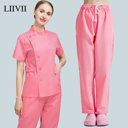 Button Closure and waist retraction Scrub Set Medical Uniforms Nurse Clothes Women Round Neck Surgical Workwear Pair Dental Suit