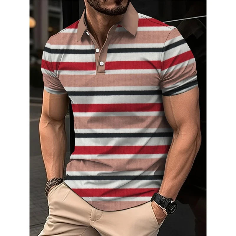 3D Print Stripes Color Block Polo Shirt For Men Colorful Pattern T-Shirts Summer Loose Street Lapel Top Button Short Sleeve Tees