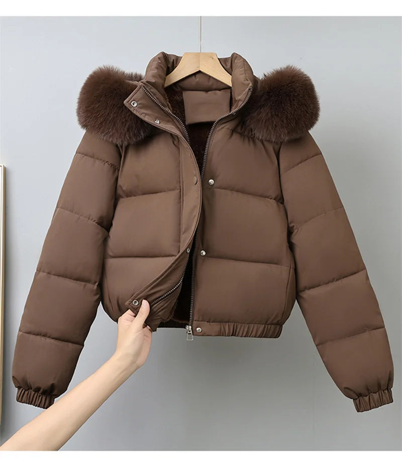 Winter Short Parkas Women's Cotton-padded Clothes Add Velvet Thicken Outerwear Fur Collar Removable Hooded Coats Warm Jackets