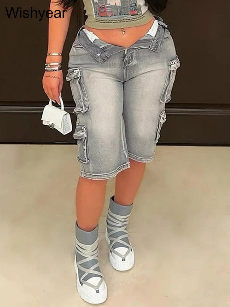 Fashion Washed Blue Denim Wide Leg Pants Women Casual Multi-pocket Loose Streewwear Boyfriend Short Mid Jeans Bottoms Clubwear