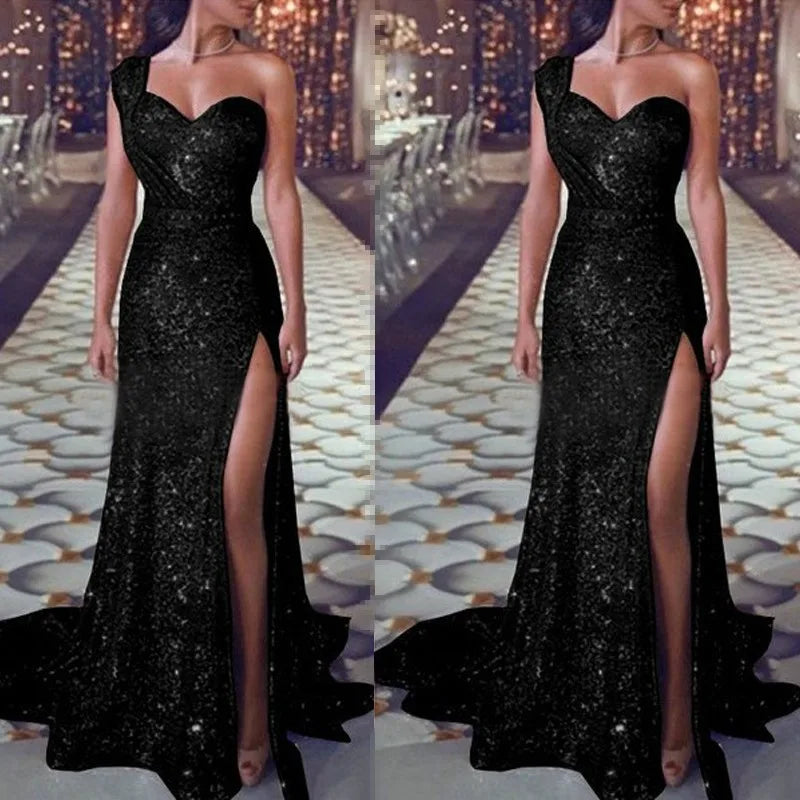 2025 Women's Wedding Party Dress Evening Elegant Sexy Deep V Neck One Shoulder Sleeveless Sequined Long Maxi Dresses For Women