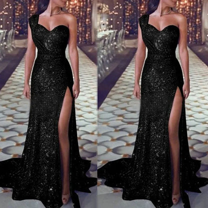 2025 Women's Wedding Party Dress Evening Elegant Sexy Deep V Neck One Shoulder Sleeveless Sequined Long Maxi Dresses For Women