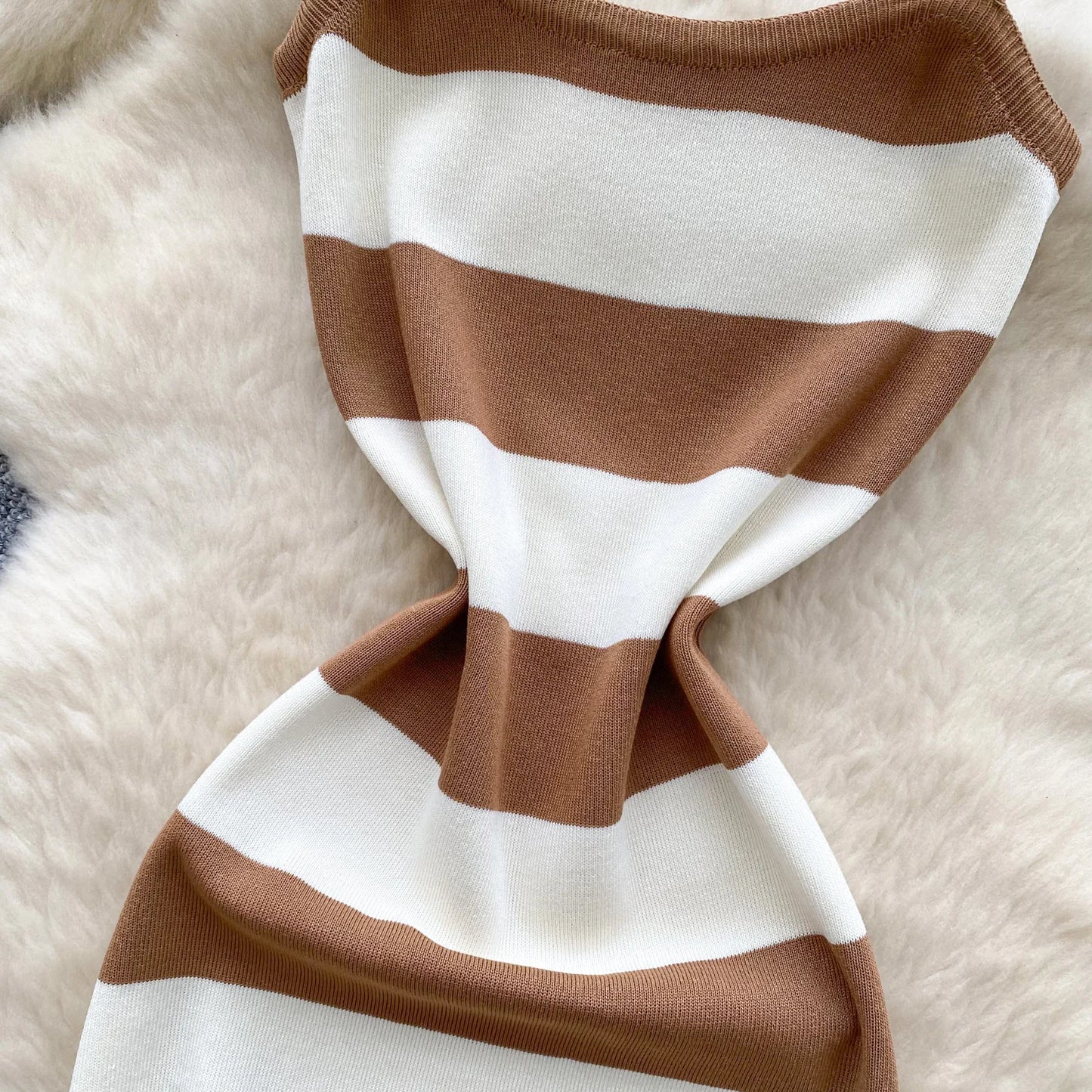 Lady New Stripes Ins Fashion Sexy Package Hips Bodycon Dress  Summer Knitted Spaghetti Straps Outfits Maxi Long Women Dress