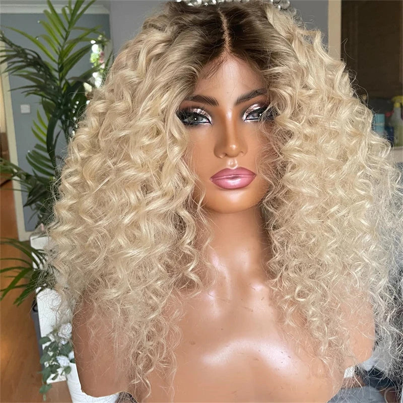 Deep Curly Honey Blonde Wig Short Dark Roots Synthetic Lace Front Wig For Women Daily Use Baby Hair Glueless Wig