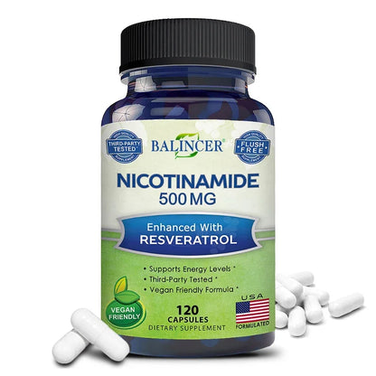 Niacinamide & Resveratrol Capsules - Vitamin B3 500 Mg - Supports Skin Cell Health and Energy