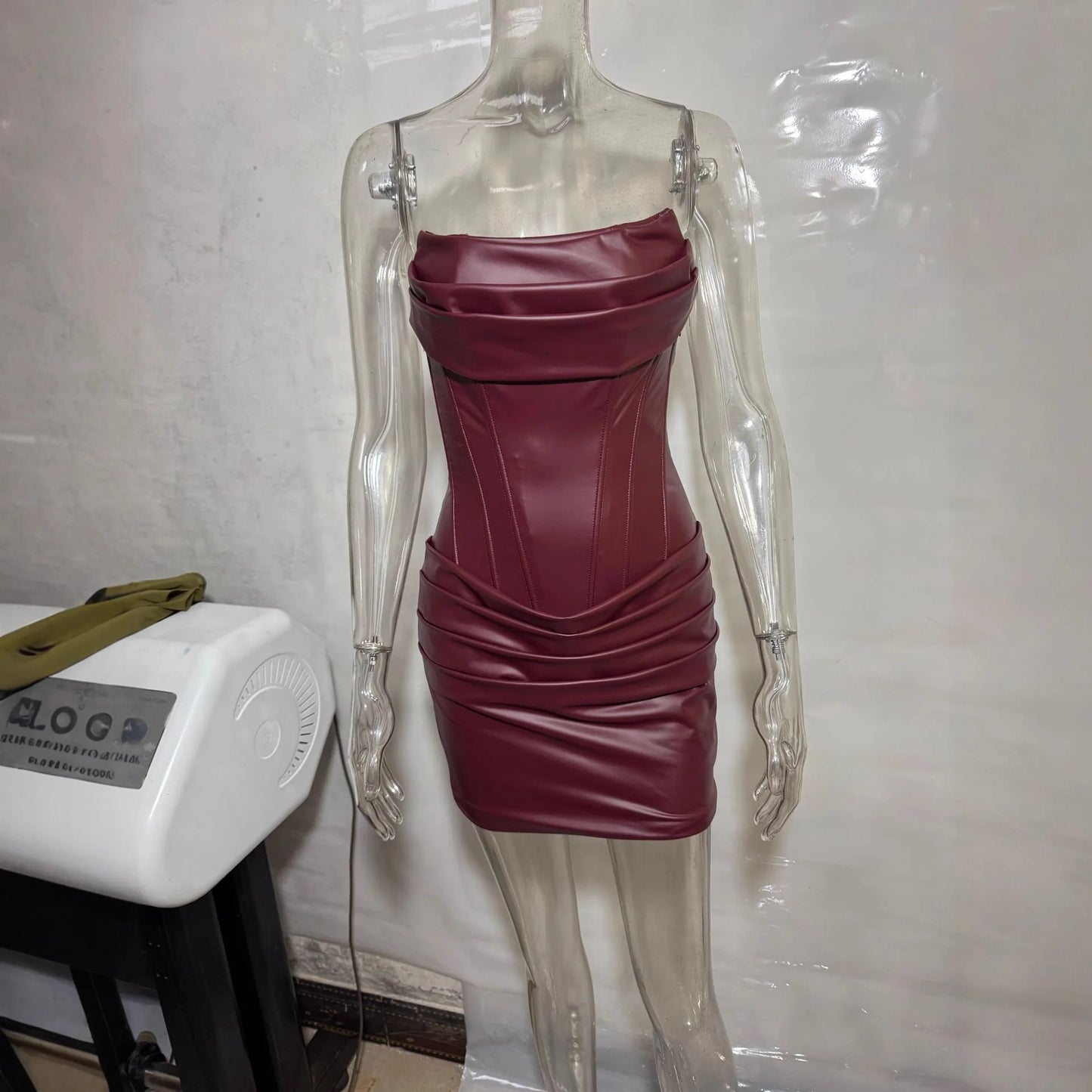 Suninheart Pu Faux Leather Party Dress Women 2025 & 2026 Strapless Bodycon Mini Dress Elegant Lace Up Ruched Dress for Wedding Events