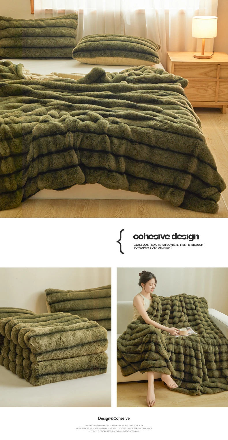 Ultra Soft Luxury Flffy Faux Rabbit Fur Blanket, Thick Winter Warm Throw Blankets, Plush Cozy Bubble Fleece Blankets Home Decor