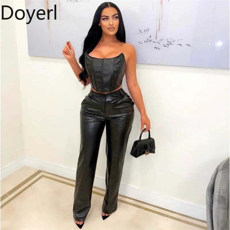 PU Faux Leather 2 Pieces Set for Woman Outfit Birthday Party Club Sleeveless Strapless Crop Top and Wide Leg Pants Matching Sets